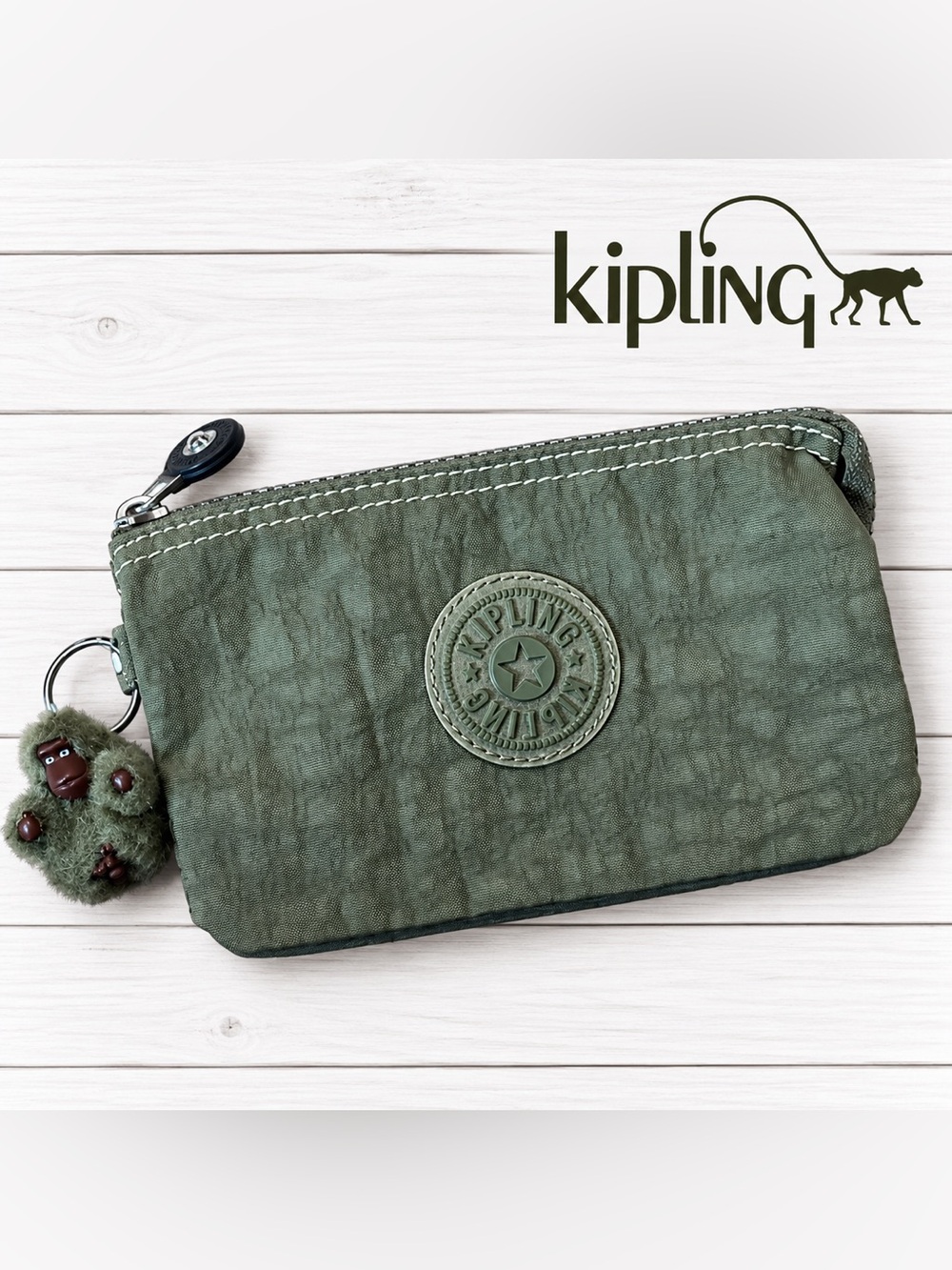 Kipling Olive Green Zip Wallet / Pouch with Monkey Key Charm